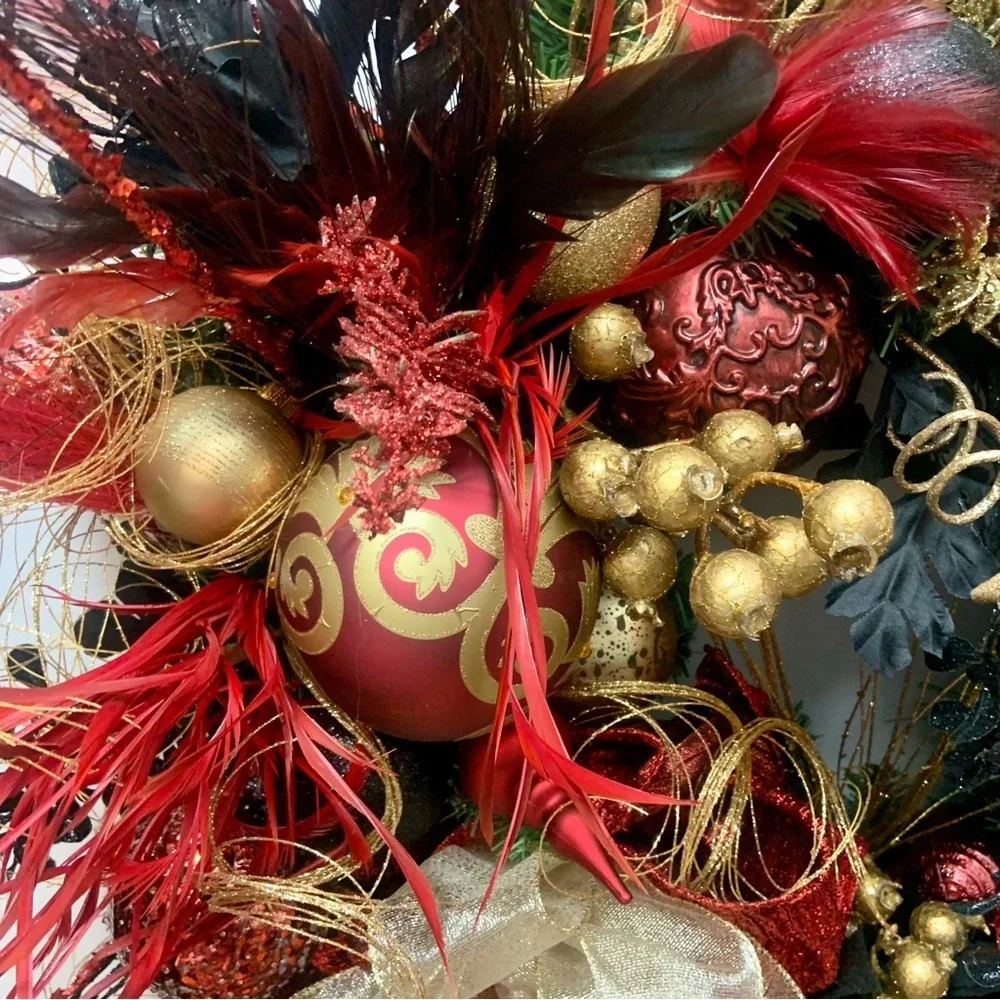 Elegant Unique Floral Christmas Contemporary Black Red Gold Door Wall Wreath